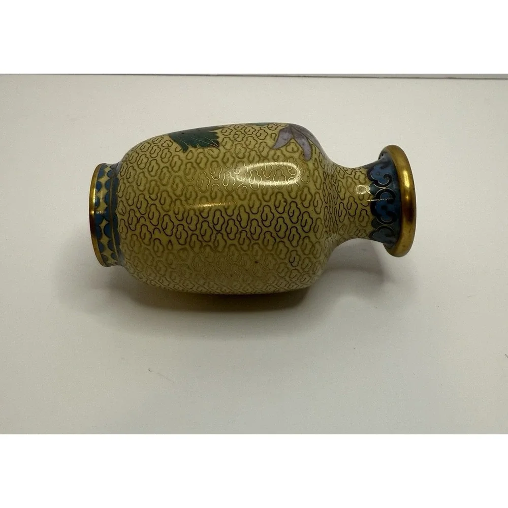 Yellow Cloisonné Brass &‎ Enamel Vase With Pink Flowers 4